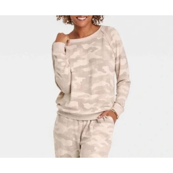 Knox Rose Tops - Knox Rose Sweatshirt Womens XL Beige Camo Raglan Sleeve Loungewear Boho